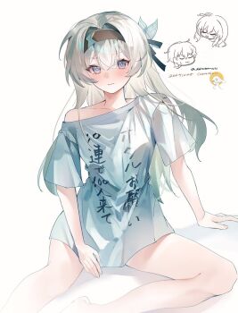 bare_legs barefoot blush caelus_(honkai:_star_rail) firefly_(honkai:_star_rail) grey_hair hair_ornament hair_ribbon hairband honkai:_star_rail honkai_(series) long_hair loose_clothes loose_shirt ribbon shirt stelle_(honkai:_star_rail) trailblazer_(honkai:_star_rail) twitter_username yukiusagi_(snowrabbit0508)