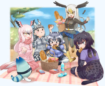 5girls animal_ears animal_print arm_behind_back bald_eagle_(kemono_friends) basket bird_girl bird_tail bird_wings black_hair black_jaguar_(kemono_friends) blanket blonde_hair blue_eyes blunt_ends boots border bottle bread breast_pocket bright_pupils brown_eyes collared_shirt common_raccoon_(kemono_friends) day eating elbow_gloves extra_ears fang floating food food_in_mouth full_body gloves greater_flamingo_(kemono_friends) grey_hair hair_between_eyes hand_up head_wings highres holding holding_food jacket jaguar_ears jaguar_girl leopard_print jaguar_tail japanese_clothes japari_symbol jitome kemono_friends kimono layered_sleeves leaning_forward long_hair long_sleeves looking_at_another looking_at_food looking_at_object lucky_beast_(kemono_friends) medium_hair microskirt multicolored_hair multiple_girls necktie ogami_tadashina open_mouth outdoors pantyhose parted_lips picnic picnic_basket pink_hair pink_jacket plains_zebra_(kemono_friends) plastic_bottle pleated_skirt pocket print_gloves print_kimono print_necktie print_skirt print_sleeves raccoon_ears raccoon_girl scarf shirt short_over_long_sleeves short_sleeves sidelocks sitting skirt smile snack spread_wings tail thighhighs tree tsurime two-tone_hair very_long_hair white_border white_hair white_pupils wing_collar wings yellow_eyes zebra_ears zebra_girl zebra_print