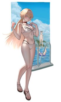 3girls absurdres bare_arms bare_legs bare_shoulders bikini black_sandals blue_sky breasts cameltoe character_request choker cleavage cloud day feet frilled_bikini frills front-tie_bikini_top front-tie_top girls&#039;_frontline girls&#039;_frontline_2:_exilium hair_between_eyes hands_up highres layered_bikini legs multiple_girls navel nose ots-14_(girls&#039;_frontline) parted_lips pool_ladder poolside puto_trash red_choker sandals sky smile solo_focus stomach swimsuit toenails toes water white_bikini white_sandals