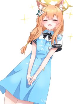 1girl :d ^_^ absurdres animal_ear_fluff animal_ears apron blue_apron blue_archive braid cat_ears cat_girl closed_eyes commentary cosplay flower hair_between_eyes hair_flower hair_ornament halo highres id_card kabocya_na long_hair looking_at_viewer mari_(blue_archive) open_mouth orange_hair part_time_job short_sleeves sidelocks simple_background single_braid smile solo sora_(blue_archive) sora_(blue_archive)_(cosplay) store_clerk v_arms white_background