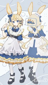 1girl :/ absurdres animal_ears apron arm_behind_back artist_name black_bow black_shoes blonde_hair blue_background blue_bow blue_dress blue_eyes bow bright_pupils closed_mouth commentary creature_and_personification dot_nose dress expressionless footwear_bow frilled_apron frilled_dress frilled_headwear frills from_behind full_body hair_between_eyes hair_bow hand_up highres komerina light_blush long_hair looking_at_viewer low_twintails maid maid_apron mary_janes multicolored_hair multiple_hair_bows multiple_views original pantyhose personification puffy_short_sleeves puffy_sleeves sea_slug sea_slug_ears sea_slug_girl shoes short_sleeves sidelocks speech_bubble standing streaked_hair twintails waist_apron white_apron white_pantyhose wrist_cuffs