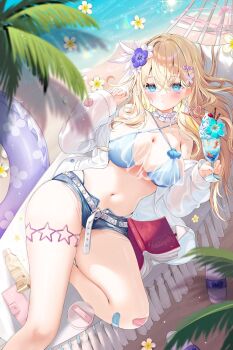 1girl :o bad_source bandaid bare_legs beach blonde_hair blue_eyes breasts chalice cup drinking_glass foot_out_of_frame hands_up highres holding holding_cup indie_virtual_youtuber innertube large_breasts long_hair lying on_back shirt shorts solo stomach swim_ring thighs white_shirt wide_sleeves wine_glass