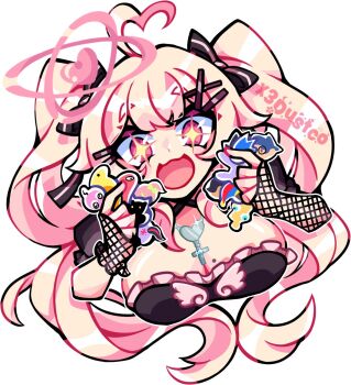 1girl ahoge black_bow blonde_hair bow breasts chibi cleavage commentary cross cross_necklace english_commentary fishnet_gloves fishnets gloves hair_bow hair_ornament heart heart_ahoge highres indie_virtual_youtuber jewelry large_breasts long_hair mole mole_on_breast necklace open_mouth ophanim_halo pink_eyes solo sparkling_eyes sticker_(medium) suko_(vtuber) twintails virtual_youtuber x3dustco x_hair_ornament