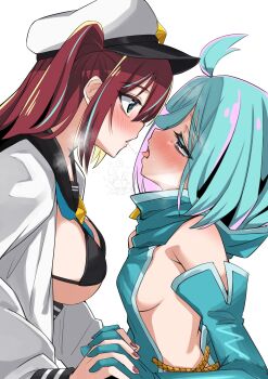 3girls after_kiss ahoge akoya_matama anemo_nemo aqua_dress aqua_eyes aqua_hair bikini black_bikini blue_necktie blush breasts brown_hair chibi commentary_request dress elbow_gloves gloves hair_over_one_eye hat highres hiiragi_utena interlocked_fingers leberblume loco_musica long_hair looking_at_another magia_baiser mahou_shoujo_ni_akogarete multicolored_hair multiple_girls nail_polish necktie newsboy_cap pink_eyes ponponpain65536 red_nails saliva saliva_trail short_hair sideboob streaked_hair swimsuit tongue tongue_out two_side_up white_background yuri