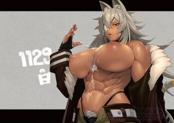 1girl abs after_paizuri animal_ears bandeau belt breasts cat_ears choker cum cum_on_body cum_on_breasts cum_on_upper_body dark-skinned_female dark_skin eyepatch facial facial_scar ghislaine_dedoldia gloves green_pants grey_hair grey_pubic_hair highleg highleg_panties large_breasts long_hair looking_at_viewer mikoyan muscular muscular_female mushoku_tensei navel nipples no_bra obliques one-eyed open_belt open_mouth open_pants panties pants red_bandeau red_choker red_eyes scar scar_on_cheek scar_on_face scar_on_stomach simple_background solo solo_focus tail tail_ornament tail_ring underwear