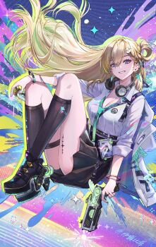 Rule 34 | 1girl, absurdres, black shoes, black skirt, black socks, blonde hair, braid, braided bangs, breasts, cleavage, commentary, earrings, english commentary, floating hair, hair ornament, headphones, headphones around neck, highres, holding, id card, jewelry, looking at viewer, lynae (wuthering waves), medium breasts, multicolored hair, purple eyes, shirt, shirt tucked in, shoes, skirt, skull hair ornament, smile, socks, solo, star (symbol), star earrings, streaked hair, weapon, white shirt, wuthering waves, yilubixi