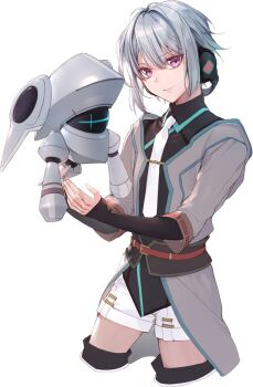 1other achan_(blue_semi) androgynous behind-the-head_headphones bishounen black_footwear black_shirt coat drone eiyuu_densetsu falcom grey_coat headphones highres kuro_no_kiseki_(series) kuro_no_kiseki_i machine medium_hair necktie purple_eyes quatre_salision shirt short_shorts shorts thighs white_background white_hair white_necktie white_shorts