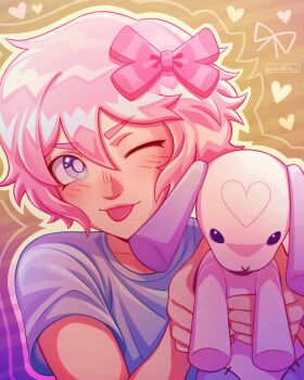 1boy alternate_costume alternate_hair_color alternate_hairstyle alternate_universe artist_name basil_(faraway)_(omori) basil_(omori) blue_eyes blue_shirt blush bow bright_pupils closed_mouth collarbone hair_bow highres holding holding_stuffed_toy looking_at_viewer male_focus omori pink_bow pink_hair shirt short_hair short_sleeves smile solo stuffed_animal stuffed_rabbit stuffed_toy t-shirt tongue tongue_out upper_body white_pupils zoewillowz