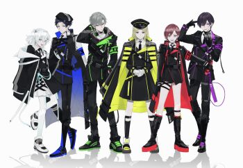3boys 3girls :d aqua_eyes aqua_pantyhose aqua_ribbon arm_at_side armband badge belt belt_boots belt_buckle belt_pouch beret black_belt black_boots black_cape black_choker black_coat black_dress black_gloves black_hair black_hat black_jacket black_necktie black_pants black_ribbon black_shoes black_shorts black_socks blonde_hair blue_armband blue_belt blue_cape blue_shoes boots brown_eyes buckle button_badge buttons cable cape choker coat coat_dress coat_on_shoulders collared_coat collared_shirt colored_lapels colored_shoe_soles cross-laced_clothes cross-laced_dress crossed_bangs cyber_troupe double-breasted dress earrings expressionless fang fanny_pack finger_gun finger_gun_to_head full_body gloves gradient_legwear gradient_pantyhose green_armband green_jacket green_shoes grey_eyes grey_hair hair_between_eyes hair_intakes half_gloves hand_in_pocket hand_on_own_hip hand_on_own_neck hand_up hat headphones headphones_around_neck highres holding holding_microphone hood hood_down hooded_jacket jacket jewelry jitome kaguya13_ils knee_boots lapels legs_apart legwear_garter light_smile lineup long_hair long_sleeves looking_at_viewer medium_hair microphone military_hat mullet multicolored_jacket multicolored_shoes multiple_boys multiple_girls neck_ribbon necktie official_art one_side_up open_clothes open_collar open_jacket open_mouth outstretched_arm own_hands_together pants pantyhose parted_bangs parted_lips peaked_cap pinching_sleeves platform_boots pouch purple_armband purple_belt purple_eyes purple_hair red_armband red_coat red_hair reflective_floor ribbon sam_browne_belt sample_watermark shirt shoes short_bangs short_hair short_shorts shorts sideways_glance simple_background single_earring skirt sleeves_past_fingers sleeves_past_wrists smile socks standing standing_on_one_leg straight_hair sweater_guard swept_bangs tareme teardrop_facial_mark thigh_strap tilted_headwear two-sided_coat two-sided_fabric two-tone_jacket two-tone_shoes umbrella_earrings utaite v-shaped_eyebrows v_arms vintage_microphone walkie-talkie watermark white_background white_gloves white_hair white_pantyhose white_ribbon white_shirt white_shoes white_skirt yellow_belt yellow_coat yellow_shoes