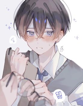 !? 2boys aoru_uu black-framed_eyewear black_hair blue_eyes blue_necktie blurry blurry_foreground blush brown_hair clipboard collared_shirt commentary flying_sweatdrops glasses grey_sweater hair_between_eyes highres holding holding_clipboard holding_removed_eyewear looking_at_viewer male_focus multiple_boys necktie original parted_lips pen pov round_eyewear school_uniform shirt short_hair simple_background solo_focus sweat sweater unworn_eyewear upper_body white_background white_shirt