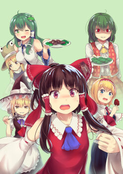 Rule 34 | 6+girls, ;d, alice margatroid, apron, ascot, bare shoulders, black hair, black hat, black vest, blonde hair, blue bow, blue dress, blue eyes, blue neckwear, blush, bow, bowtie, braid, breasts, brown hat, capelet, center frills, clenched hand, commentary request, culter, detached sleeves, dress, food, frilled bow, frills, frog hair ornament, green background, green eyes, green hair, grin, hair bow, hair ornament, hair ribbon, hair tubes, hairband, hakurei reimu, half updo, hand up, hat, hat bow, highres, holding, holding food, holding plate, kazami yuuka, kirisame marisa, kochiya sanae, large breasts, long hair, long sleeves, looking to the side, medium breasts, moriya suwako, multiple girls, one eye closed, open mouth, pink eyes, plaid clothes, plaid skirt, plate, puffy short sleeves, puffy sleeves, purple vest, red bow, red eyes, red hairband, red neckwear, red ribbon, red skirt, red vest, ribbon, ribbon-trimmed sleeves, ribbon trim, shaded face, shirt, short hair, short hair with long locks, short sleeves, sidelocks, simple background, single braid, skirt, skirt set, smile, snake hair ornament, sweat, touhou, upper body, vest, waist apron, white apron, white bow, white capelet, white shirt, wide sleeves, witch hat, yellow eyes, yellow neckwear