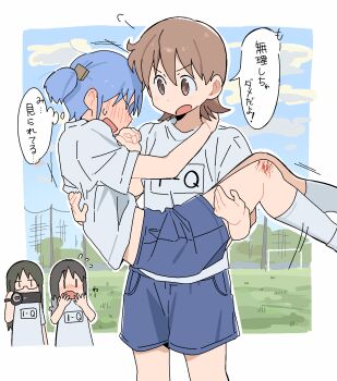 4girls aioi_yuuko black_hair blue_hair blue_shorts blue_sky brown_eyes brown_hair carrying cloud commentary day glasses grass gym_uniform highres injury medium_hair minakami_mai multiple_girls naganohara_mio nichijou outdoors princess_carry recording shinonome_nano shirt shorts sky socks speech_bubble thought_bubble translation_request twintails white_shirt white_socks wichimi winding_key yuri