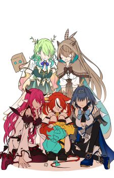 5girls :d animal_ears antlers aqua_bow black_hair blue_bow blue_bowtie blue_hair blue_shoes bow bowtie breasts brown_bow brown_bowtie brown_capelet brown_hair capelet ceres_fauna ceres_fauna_(1st_costume) cleavage_cutout closed_mouth clothing_cutout commentary dice dress english_commentary feather_hair_ornament feathers flower friend_(nanashi_mumei) gradient_hair green_hair hair_flower hair_intakes hair_ornament hakos_baelz hakos_baelz_(1st_costume) highres hololive hololive_english holopromise hood hood_up horns irys_(hololive) irys_(irys_2.0)_(hololive) ka_klstar layered_dress long_hair looking_at_another mouse_ears mouse_girl mouse_tail multicolored_hair multiple_girls nanashi_mumei nanashi_mumei_(1st_costume) no_eyes open_mouth ouro_kronii ouro_kronii_(1st_costume) pink_hair pink_shoes pointy_ears ponytail red_hair rune_hair_ornament shirt shoes simple_background smile streaked_hair tail tail_bow tail_ornament teeth twintails virtual_youtuber white_background white_dress white_flower white_hair white_shirt wings yellow_bow