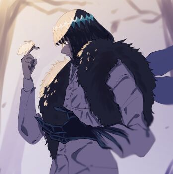 Rule 34 | 1boy, awapontasu, blanca (fate), blurry, bob cut, bug, commentary request, crown, fate/grand order, fate (series), fur scarf, highres, insect, insect on finger, insect wings, light blush, male focus, medium hair, moth, oberon (fate), oberon (third ascension) (fate), solo, upper body, vignetting, wings