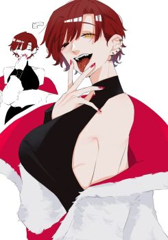 1girl breasts medium_breasts piercing red_hair short_hair simple_background source_request tagme tongue_piercing white_background