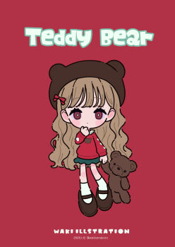 1girl animal_ears animal_hat bear_ears black_skirt brown_hair brown_hat brown_shoes chibi closed_mouth collared_shirt commentary dated english_commentary english_text fake_animal_ears full_body hat highres holding holding_stuffed_toy long_hair long_sleeves looking_at_viewer neki_(wakiko) original puffy_long_sleeves puffy_sleeves red_background red_eyes red_shirt shirt shoes simple_background skirt socks solo standing stuffed_animal stuffed_toy teddy_bear twitter_username very_long_hair white_socks