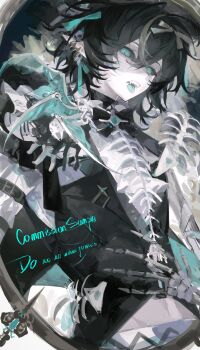 1boy absurdres aqua_bow aqua_eyes aqua_tongue black_bow black_bowtie black_hair black_sclera bow bowtie brown_bow clothing_cutout colored_sclera commission cowboy_shot ear_piercing eyelashes fang fish_skeleton hair_between_eyes hair_bow highres liangzhi_mian_gou looking_at_viewer male_focus medium_hair mihuashi_commission multicolored_hair navel navel_cutout open_mouth original pale_skin piercing pointy_ears sample_watermark sidelocks skeleton solo streaked_hair teeth tongue tongue_out watermark