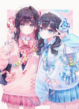 2girls a20_(atsumaru) black_bag black_hair blue_eyes blue_nails blue_skirt blush chain closed_mouth commentary_request cowboy_shot hair_ornament hairclip hand_up hat heart heart_hair_ornament highres holding_hands interlocked_fingers long_hair long_sleeves miniskirt multiple_girls nail_polish original pink_skirt pleated_skirt school_uniform skirt v