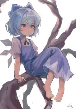 1girl absurdres arm_support bare_arms bare_legs barefoot blue_bow blue_dress blue_eyes blue_hair blush bow cirno dress fairy full_body hair_bow highres ice ice_wings looking_at_viewer mmzzyy multiple_wings puffy_short_sleeves puffy_sleeves shirt short_hair short_sleeves sitting sitting_on_branch solo toes touhou v-shaped_eyebrows white_shirt wings