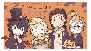 Rule 34 | 4boys, animal ears, animal hands, bandaged head, bandages, bandana, bare pectorals, basket, bat wings, black capelet, black eyes, black gloves, black hair, black hat, black shirt, blonde hair, bow, bowtie, brown hair, candy, capelet, claws, closed eyes, collared shirt, commentary request, fangs, final fantasy, final fantasy xv, food, gladiolus amicitia, glasses, gloves, hair slicked back, halloween, halloween costume, hand up, hands up, hat, holding, holding basket, holding candy, holding food, holding lollipop, holding plate, ignis scientia, jack-o'-lantern, jewelry, kemonomimi mode, light blush, lollipop, male focus, multiple boys, nami ff15ty, necklace, noctis lucis caelum, open clothes, open mouth, open shirt, orange background, pectorals, plate, polka dot, polka dot background, prompto argentum, red bow, red bowtie, red wings, scar, scar on chest, scar on face, shirt, signature, skull ornament, smile, spiked hair, star (symbol), tail, top hat, trick or treat, upper body, white shirt, wings, wolf boy, wolf ears, wolf tail, yellow bandana