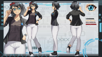 1girl absurdres adjusting_eyewear black_hair black_jacket black_shoes blue_eyes bow color_guide commentary commission english_commentary glasses grey_shirt hair_bow highres jacket looking_at_viewer multiple_views nano_popo02 original pants red_bow reference_sheet shirt shoes short_hair smile striped_clothes striped_shirt vgen_commission white_pants