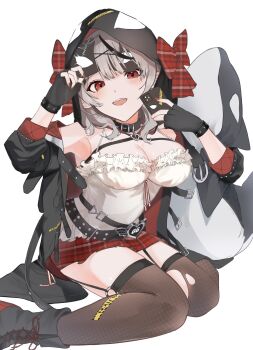 1girl :d animal_hood arm_up armpits belt belt_collar black_boots black_gloves black_jacket black_streaks black_thighhighs blush boots bow breasts buckle caution_tape cleavage collar fingerless_gloves gloves grey_hair hair_between_eyes hair_bow hair_ornament hairclip hashtag-only_commentary heart_collar highres holding holding_phone hololive hood hood_up hoodie jacket lace-up_boots large_breasts long_sleeves looking_at_viewer mask mask_lift mask_on_head medium_hair miniskirt multicolored_hair multicolored_jacket nail_polish on_floor open_clothes open_jacket open_mouth orca orca_hood pa_factory pendant_collar phone plaid_bow plaid_clothes plaid_skirt red_eyes red_nails sakamata_chloe sakamata_chloe_(1st_costume) simple_background sitting skirt smile solo striped_blush studded_belt studded_gloves stuffed_orca thighhighs two-tone_jacket virtual_youtuber white_background x_hair_ornament zettai_ryouiki