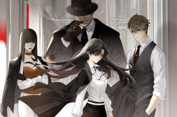 2boys 2girls black_gloves black_hair black_jacket black_necktie black_ribbon black_skirt blunt_bangs bob_cut breasts brown_eyes brown_hair cha_(fvaw7353) choker cigar cleavage cowboy_shot crossed_arms dress_shirt facial_hair facing_another fedora formal_clothes frilled_shirt_collar frills gloves goatee hand_in_pocket hat hat_over_eyes height_difference holding holding_cigar holding_jacket holding_unworn_clothes holding_unworn_jacket indoors jacket jacket_on_shoulders long_hair looking_at_viewer mansion mature_female multiple_boys multiple_girls mustache necktie original pants parted_bangs parted_hair pillar red_necktie ribbon shirt skirt sleeves_rolled_up smoking tie_clip unworn_jacket vest waistcoat white_pants white_shirt wind