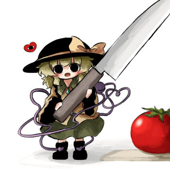 1girl black_boots black_eyes black_hat boots green_hair green_skirt hat hat_ribbon heart heripantomorrow knife komeiji_koishi long_sleeves open_mouth ribbon shirt short_hair simple_background skirt smile solo third_eye tomato touhou white_background yellow_ribbon yellow_shirt