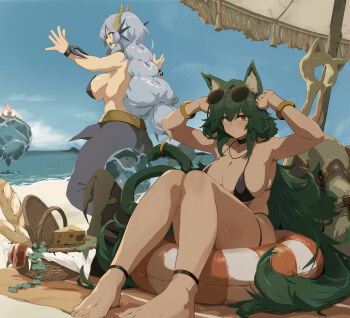 3girls absurdres animal_ear_fluff animal_ears baguette barefoot basket beach beach_umbrella bikini black_bikini blue_hair blue_sky blush bowchan bread breasts brown_horns cat_ears cat_girl cat_tail cheese closed_mouth cloud commentary_request day eyewear_on_head fins food frown full_body green_hair head_fins highres horns hydrokinesis innertube large_breasts lisa_(succubus_affection) long_hair looking_at_viewer meat mizuha_(succubus_affection) multiple_girls ocean open_mouth outdoors picnic_basket pink_hair red_eyes rianya sitting sky smile succubus_affection sunglasses swim_ring swimsuit swiss_cheese tail umbrella very_long_hair water