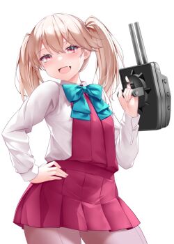 1girl adapted_turret aqua_bow aqua_bowtie bow bowtie breasts brown_eyes cannon collared_shirt contrapposto cosplay cowboy_shot dress dress_shirt fang grey_pantyhose halter_dress halterneck hand_in_pocket highres kantai_collection kirigakure_(kirigakure_tantei_jimusho) light_brown_hair medium_breasts pantyhose pleated_dress purple_dress ryuujou_(kancolle) ship_turret shirt simple_background skin_fang smile solo twintails white_background white_shirt yuugumo_(kancolle) yuugumo_(kancolle)_(cosplay)