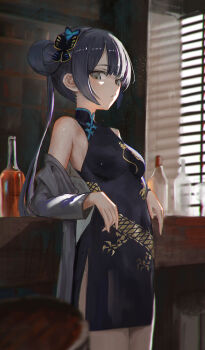 1girl absurdres alcohol bare_shoulders black_dress black_hair blue_archive bottle breasts butterfly_hair_ornament china_dress chinese_clothes closed_mouth commentary_request double_bun dragon_print dress grey_eyes grey_jacket hair_bun hair_ornament highres jacket kisaki_(blue_archive) long_hair looking_at_viewer shippo_(pixiv_18567314) sleeveless sleeveless_dress small_breasts solo twintails