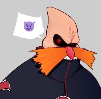 1boy adventures_of_sonic_the_hedgehog akatsuki_uniform bald black_sclera colored_sclera cosplay dr._eggman facial_hair grey_background jjeanlll male_focus mustache naruto_(series) parody portrait red_eyes sharingan solo sonic_(series) spoken_emoji teeth