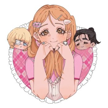 1girl 2boys alternate_costume badeni bags_under_eyes black_hair blonde_hair blunt_bangs blush border brown_eyes chi.:_chikyuu_no_undou_ni_tsuite chibi chibi_inset dress eyepatch grey_eyes hair_bun hair_ornament hairclip hands_in_own_hair jewelry jolenta long_hair looking_at_viewer medical_eyepatch medium_hair multiple_boys multiple_rings oczy parted_bangs pink_background pink_shirt plaid_background ponytail ring scar scar_on_face scar_on_mouth scar_on_nose shirt shirt_under_dress short_sleeves smile thick_eyebrows twintails upper_body wasadi white_border white_dress