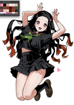 1girl arms_behind_head art_program_in_frame black_hair black_sailor_collar black_serafuku black_shirt black_skirt black_socks breasts brown_shoes color_guide colored_tips floating full_body green_necktie hair_ribbon highres kamado_nezuko kimetsu_no_yaiba light_blush loafers long_hair medium_breasts midriff_peek multicolored_hair necktie open_mouth pink_eyes pink_ribbon pleated_skirt ppansedu red_hair ribbon sailor_collar school_uniform serafuku shirt shoes short_sleeves skirt smile socks solo white_background