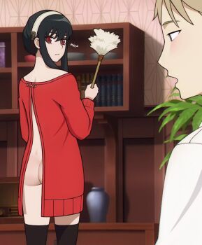 1boy 1girl ass black_hair black_thighhighs brown_hair closed_mouth cowboy_shot dress duster earrings feather_duster gluteal_fold hairband highres holding holding_duster husband_and_wife indoors jewelry loodncrood looking_at_another looking_back no_panties nude_filter open_mouth red_dress red_eyes sidelocks solo_focus spy_x_family standing thighhighs third-party_edit twilight_(spy_x_family) white_hairband yor_briar