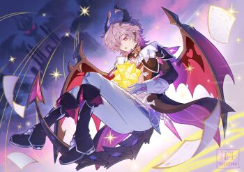 1boy :o absurdres artist_name black_boots black_capelet black_horns black_jacket black_tail boots capelet castle cloud colored_eyelashes commentary crossed_bangs dragon dragon_boy dragon_horns dragon_tail dragon_wings durin_(genshin_impact) durin_of_dragonspine_(genshin_impact) english_commentary flying genshin_impact gloves gradient_sky hair_between_eyes highres horns jacket light_rays long_sleeves male_focus medium_hair open_mouth pants paper purple_hair purple_shirt red_eyes shirt silhouette single_hair_intake sky sleeve_cuffs small_stellated_dodecahedron solo sparkle tail white_gloves white_pants wings yuzufurii