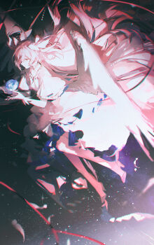 Rule 34 | 1girl, ankle wings, black background, chromatic aberration, commentary, dress, earth (planet), feathered wings, floating hair, from side, full body, giant, giantess, gloves, hair ribbon, highres, kaname madoka, long hair, magical girl, mahou shoujo madoka magica, mahou shoujo madoka magica: hangyaku no monogatari, o0oherb, object floating above hand, pink hair, pink thighhighs, planet, profile, ribbon, sky, smile, solo, space, standing, star (sky), starry sky, thighhighs, two side up, ultimate madoka, very long hair, white dress, white gloves, white wings, wings, yellow eyes