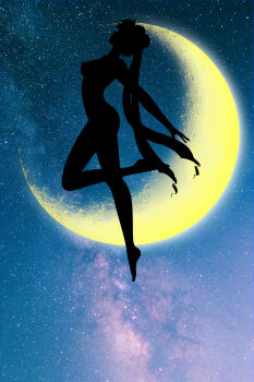 1girl absurdres arched_back ass bishoujo_senshi_sailor_moon breasts crescent_moon female_focus galaxy highres long_hair magical_girl milky_way moon nipples nude sailor_moon silhouette sky solo star_(sky) starry_sky tsukino_usagi twintails