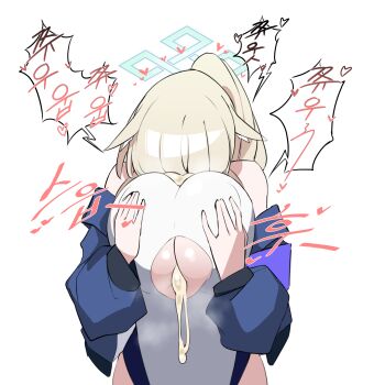 1girl absurdres after_paizuri animal_ear_fluff animal_ears blue_archive blue_halo breasts bust_cup cleavage cleavage_cutout clothing_cutout competition_swimsuit cum cum_on_body dog_ears dog_girl extra_ears hair_over_one_eye halo heart highres jahe_(73732258) kanna_(blue_archive) kanna_(swimsuit)_(blue_archive) korean_text large_breasts liquid official_alternate_costume one-piece_swimsuit paizuri ponytail solo speech_bubble suggestive_fluid swimsuit underboob