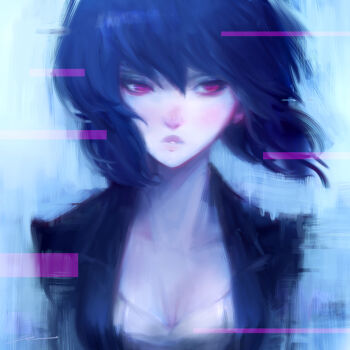 1girl alex_chow black_jacket close-up ghost_in_the_shell jacket kusanagi_motoko medium_hair portrait purple_hair red_eyes solo straight-on