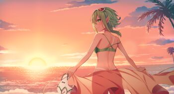 1girl absurdres ass bikini butt_crack closed_mouth cloud dusk eyewear_on_head floating_hair green-tinted_eyewear green_bikini green_hair gumi highres holding holding_unworn_clothes looking_at_viewer medium_hair ocean palm_tree print_sarong sakakidani sandals sarong sidelocks single_off_shoulder smile solo sunglasses swimsuit tan tanline tinted_eyewear tree vocaloid