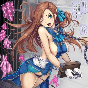 1girl bdsm blue_eyes bondage bound breasts brooch brown_hair chain collar cuffs earrings hair_ornament handcuffs highres jewelry katarina_claes large_breasts leash leash_pull monikano nipples one_eye_closed open_mouth otome_game_no_hametsu_flag_shika_nai_akuyaku_reijou_ni_tensei_shite_shimatta panties prison prison_cell pulling pussy_juice rope rope_walking saliva stocks text_focus tongue torn_clothes translation_request trembling underwear
