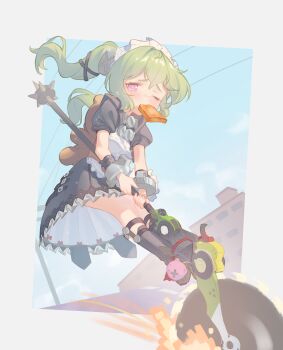 1girl absurdres animal_bag bear_bag black_boots black_dress blue_sky boots bread bread_slice circular_saw commentary_request corin_wickes crying cuffs dress fingernails food food_in_mouth green_hair hair_between_eyes highres holding holding_weapon knee_boots long_hair maid maid_headdress memoriaev mouth_hold one_eye_closed power_lines puffy_short_sleeves puffy_sleeves purple_eyes road saw short_sleeves sky toast toast_in_mouth twintails weapon weapon_riding zenless_zone_zero