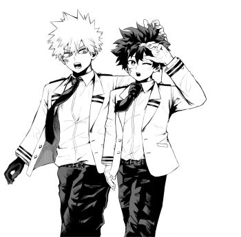 2boys arm_up bakugou_katsuki belt belt_buckle boku_no_hero_academia buckle commentary_request gloves hand_on_another's_head highres jacket lapels long_sleeves looking_at_another looking_to_the_side male_focus midoriya_izuku multiple_boys necktie notched_lapels one_eye_closed open_clothes open_jacket open_mouth pants parted_bangs shirt shirt_tucked_in sideways_glance simple_background solo spiked_hair teeth use_zeinuki walking white_background wing_collar