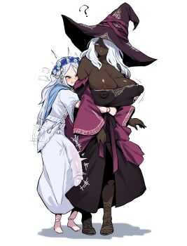 1futa 1girl ? absurdres areola_slip black_dress black_hat blue_eyes breasts cleavage clenched_teeth covered_erect_nipples covered_penis dark-skinned_female dark_skin doll_joints dress elden_ring elden_ring_nightreign flower_wreath futa_with_female futanari grabbing_another's_breast grabbing_from_behind groping hat height_difference highres hug hug_from_behind huge_breasts huge_penis joints long_hair mochiume penis recluse_(elden_ring) revenant_(elden_ring) simple_background standing teeth very_dark_skin white_background white_dress white_hair witch_hat