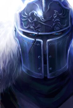 1boy backlighting bearer_of_the_curse blue_eyes commentary_request dark_souls_(series) dark_souls_ii fur_collar helm helmet looking_at_viewer male_focus portrait solo suou_yuuchi white_background