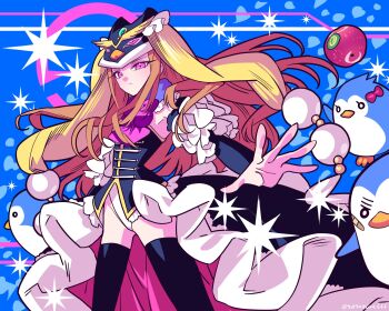 Rule 34 | 1girl, apple, bandaid, bandaid on cheek, bandaid on face, bird, black thighhighs, bow, brown hair, closed mouth, feet out of frame, floating hair, food, fruit, hat, highleg, highleg leotard, highres, leotard, leotard under clothes, long hair, looking at viewer, mawaru penguindrum, meremero, outstretched arms, penguin, penguin 1-gou, penguin 2-gou, penguin 3-gou, penguin hat, pink bow, pink eyes, princess of the crystal, solo, spread arms, standing, thighhighs, very long hair, white leotard