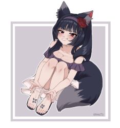 Rule 34 | 1girl, animal ear fluff, animal ears, blunt bangs, blush, breasts, breasts squeezed together, commission, commissioner upload, dress, feet, flower, fox ears, fox girl, fox tail, hands on own feet, highres, knees, legs, mikan (rayer), original, presenting foot, red eyes, red flower, red rose, rose, sandals, signature, slit pupils, smirk, tail, toenails, toes, twintails, vanabette