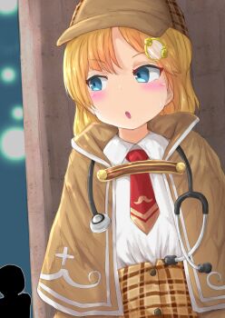 1girl 1other blonde_hair blue_eyes bob_cut brown_capelet brown_hat brown_skirt capelet collared_shirt commentary_request deerstalker hair_ornament hat high-waist_skirt hololive hololive_english necktie plaid_clothes plaid_skirt red_necktie shirt short_necktie skirt stethoscope tanufude virtual_youtuber watson_amelia watson_amelia_(1st_costume) white_shirt