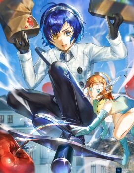 1boy 1girl adobe_photoshop apple black_gloves black_pants blue_eyes buttons commentary elbow_gloves fairy fairy_wings food fruit gallica_(metaphor:_refantazio) gloves grey_hairband hairband heterochromia highres jacket leotard long_sleeves metaphor:_refantazio mini_person minigirl orange_hair outdoors pants pkkoje98bo88835 pointy_ears protagonist_(metaphor:_refantazio) size_difference smile sweat white_jacket wings yellow_eyes